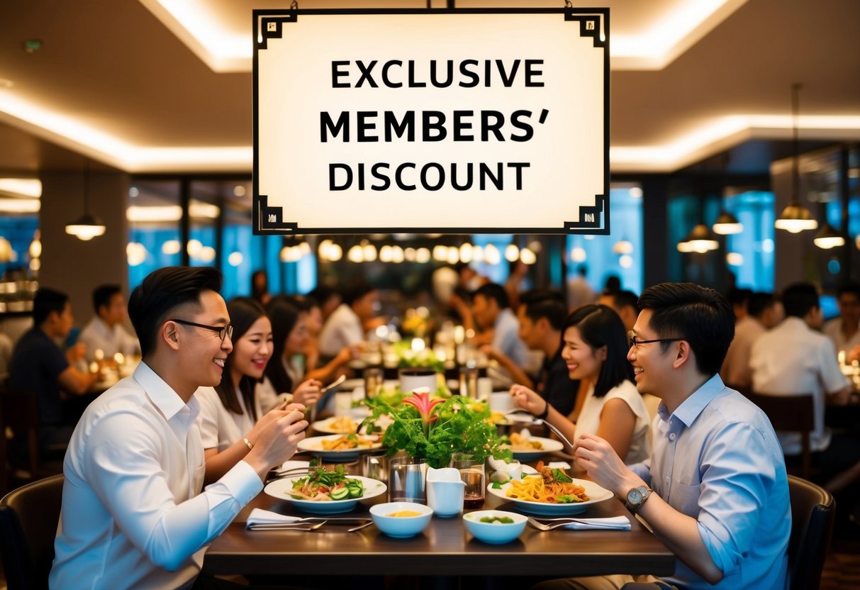 A bustling restaurant scene with a prominent "Exclusive Members' Discount" sign and happy diners enjoying their meals in Singapore