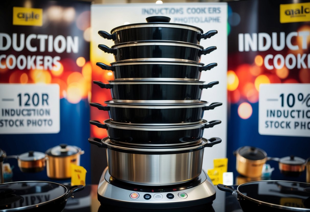 A stack of induction cookers surrounded by promotional banners and signs