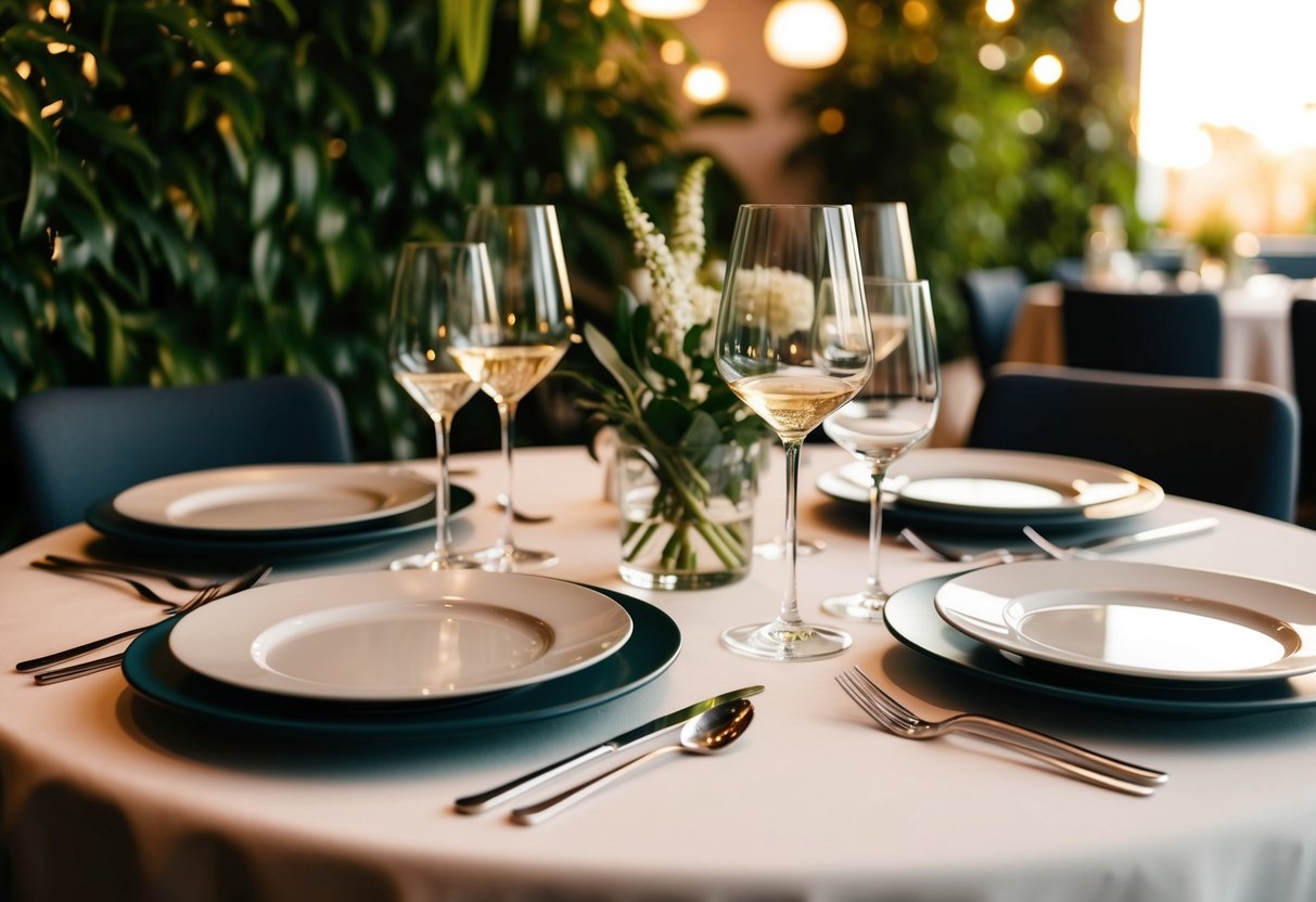 A table set with elegant plates, cutlery, and wine glasses, surrounded by lush greenery and the warm glow of a stylish restaurant
