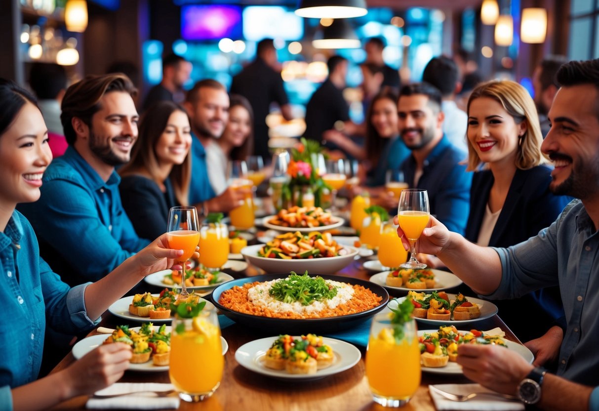 A bustling restaurant with a vibrant atmosphere, featuring a colorful spread of appetizers and drinks on a table, surrounded by smiling customers