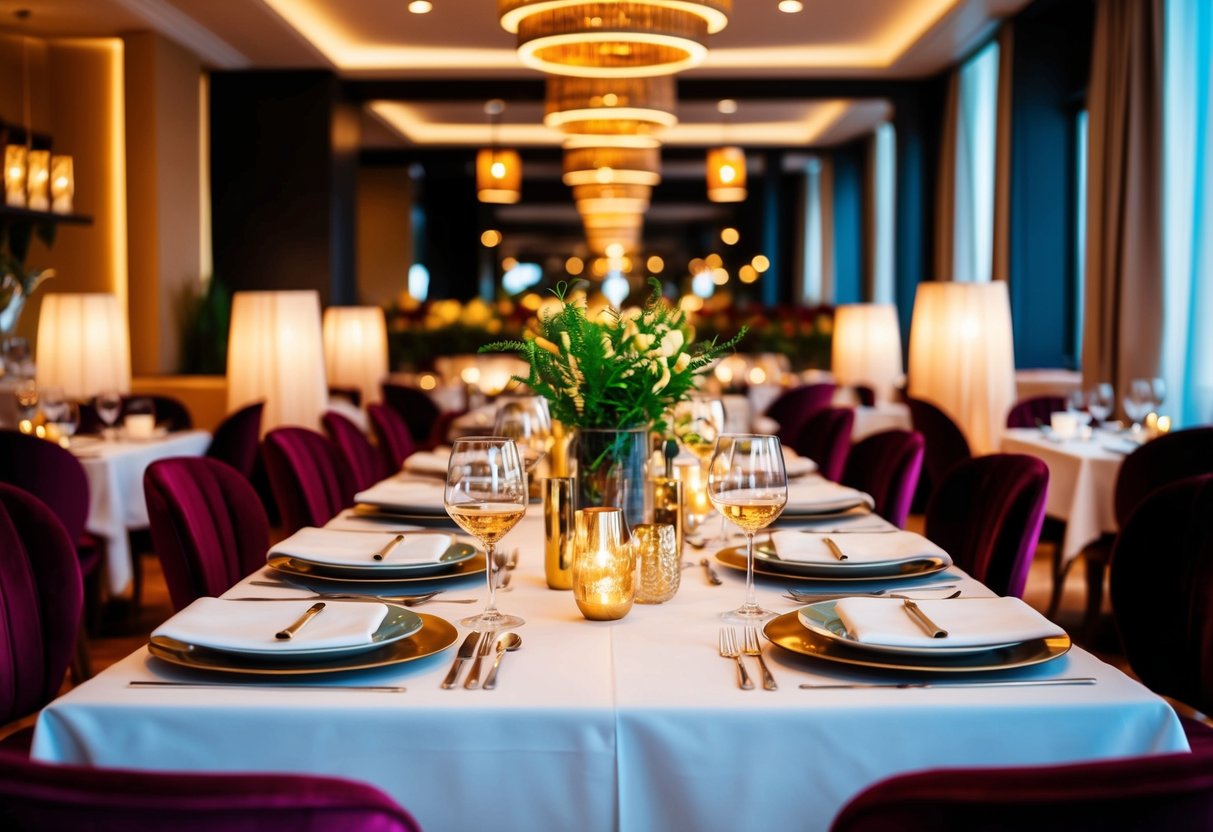 A vibrant restaurant scene with a table set for a luxurious dining experience, surrounded by elegant decor and warm lighting
