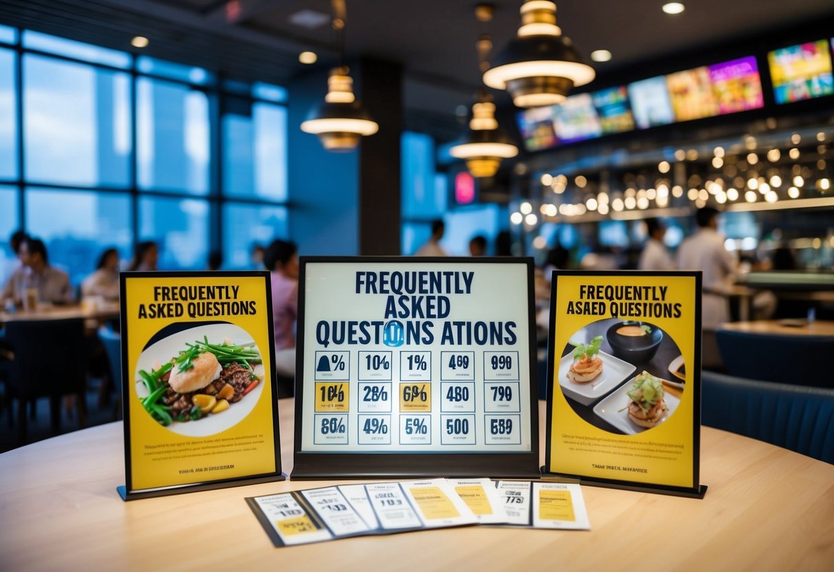 A bustling restaurant with a prominent "Frequently Asked Questions" display and promotional materials in Singapore