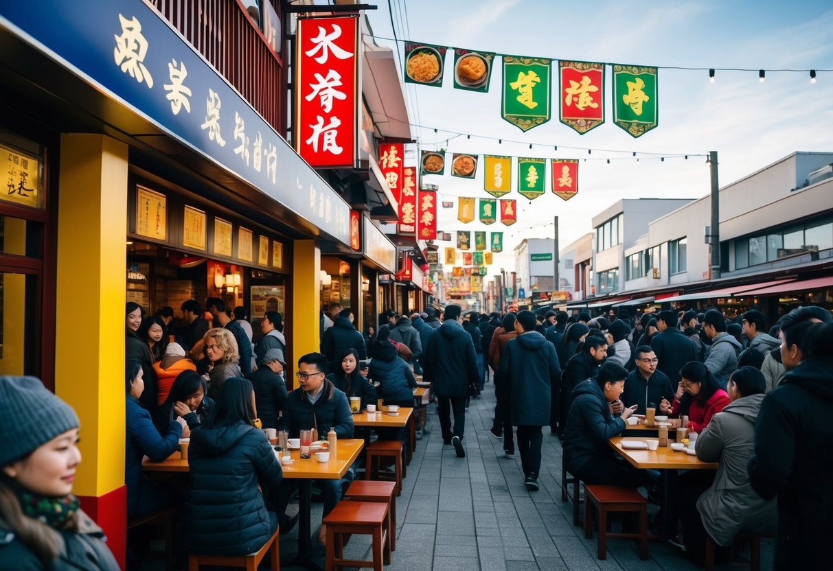 A bustling ramen restaurant with colorful banners, crowded tables, and a line of eager customers outside