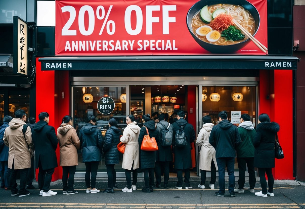 A bustling ramen restaurant with a large red banner advertising the 20% off anniversary special. Customers line up outside the door