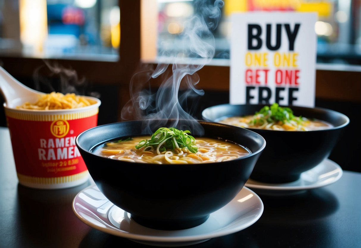 A steaming bowl of ramen sits on a table, with another bowl placed next to it. A promotional sign for "Buy One Get One Free" is displayed nearby