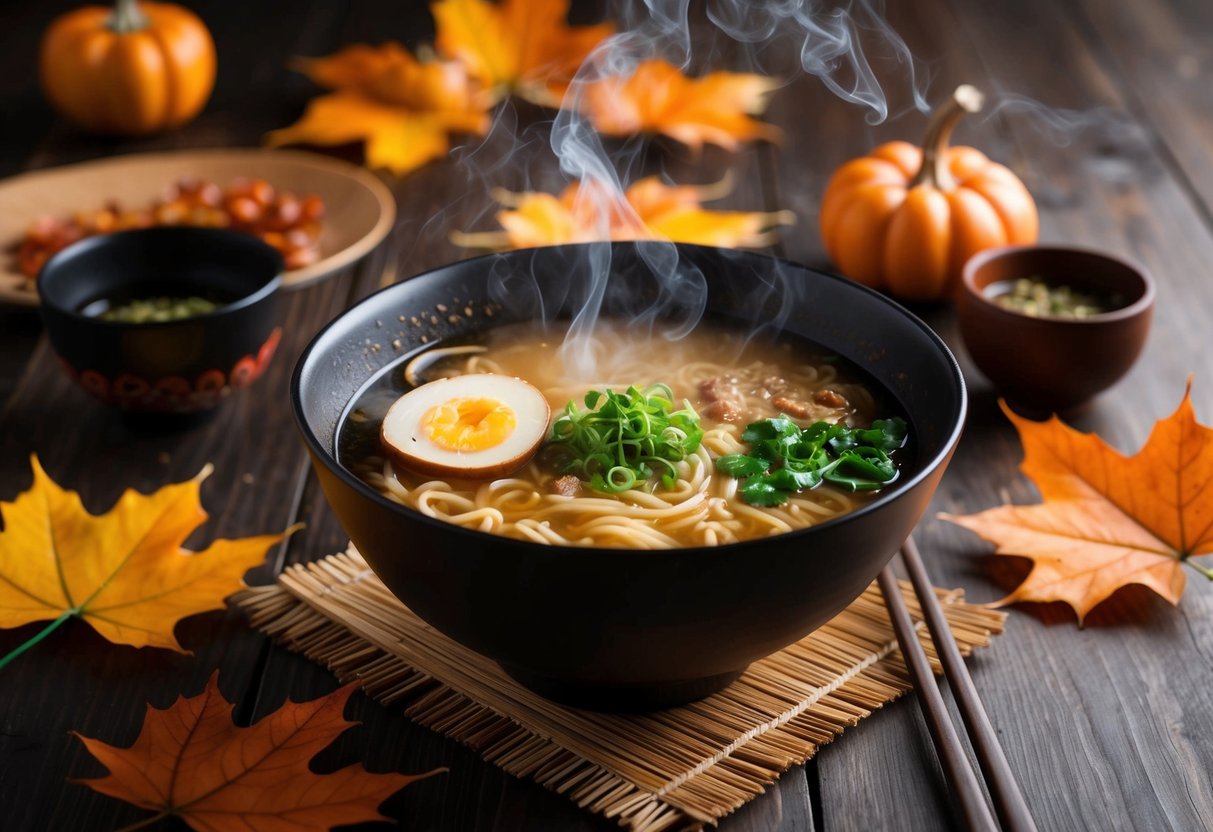 A steaming bowl of ramen surrounded by autumn leaves and seasonal decorations