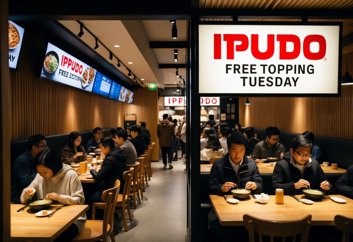 A bustling ramen restaurant with a sign advertising "Ippudo Free Topping Tuesday" promotions. Customers enjoy their meals inside