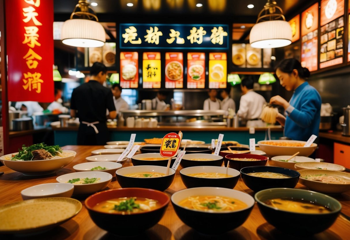 A bustling ramen restaurant with colorful promotional displays and a lively atmosphere