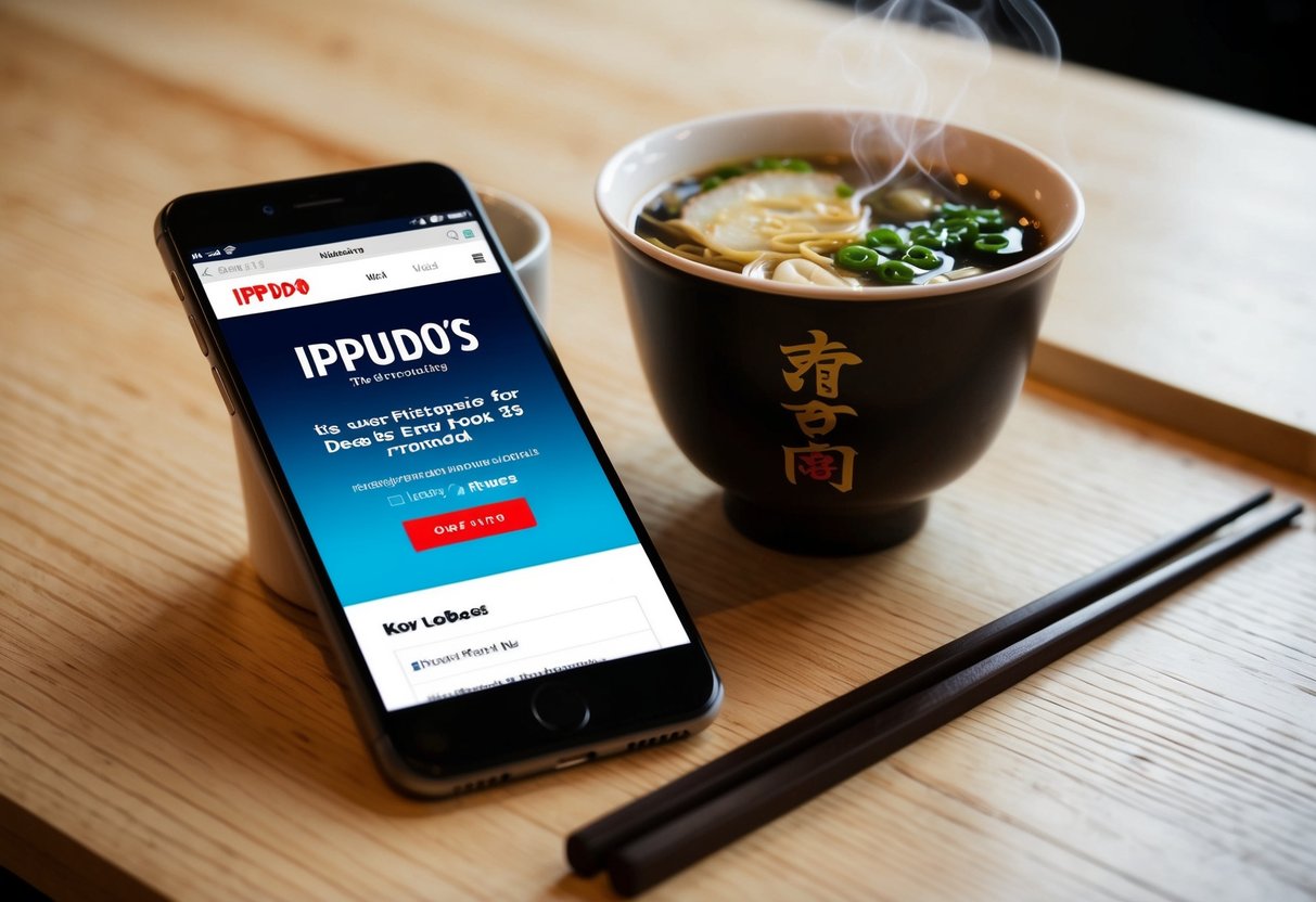 A smartphone displaying Ippudo's website with the latest deals and promotions, surrounded by a cup of steaming ramen and a pair of chopsticks