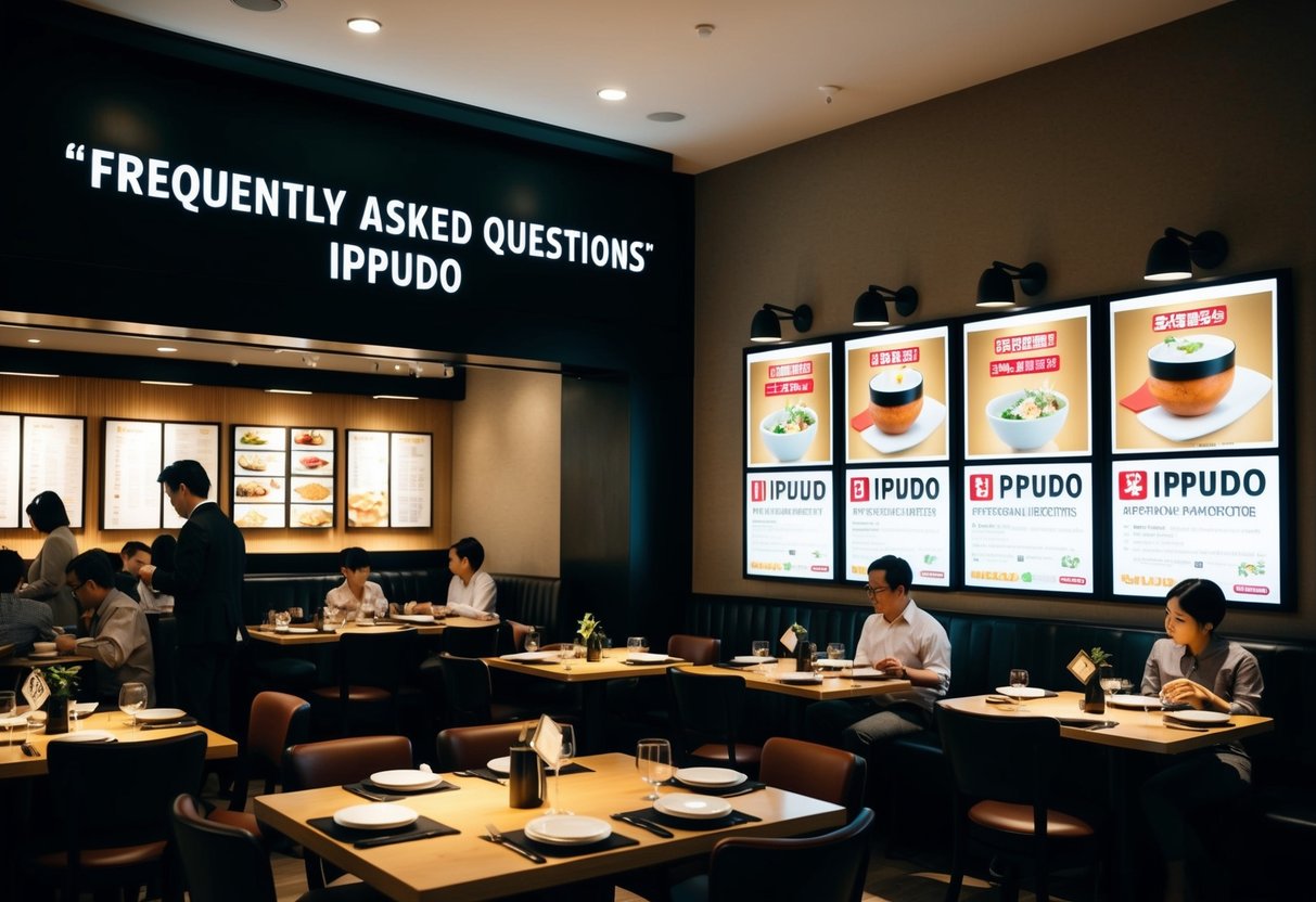 A bustling restaurant with a prominent "Frequently Asked Questions" section and ippudo promotions displayed on the walls