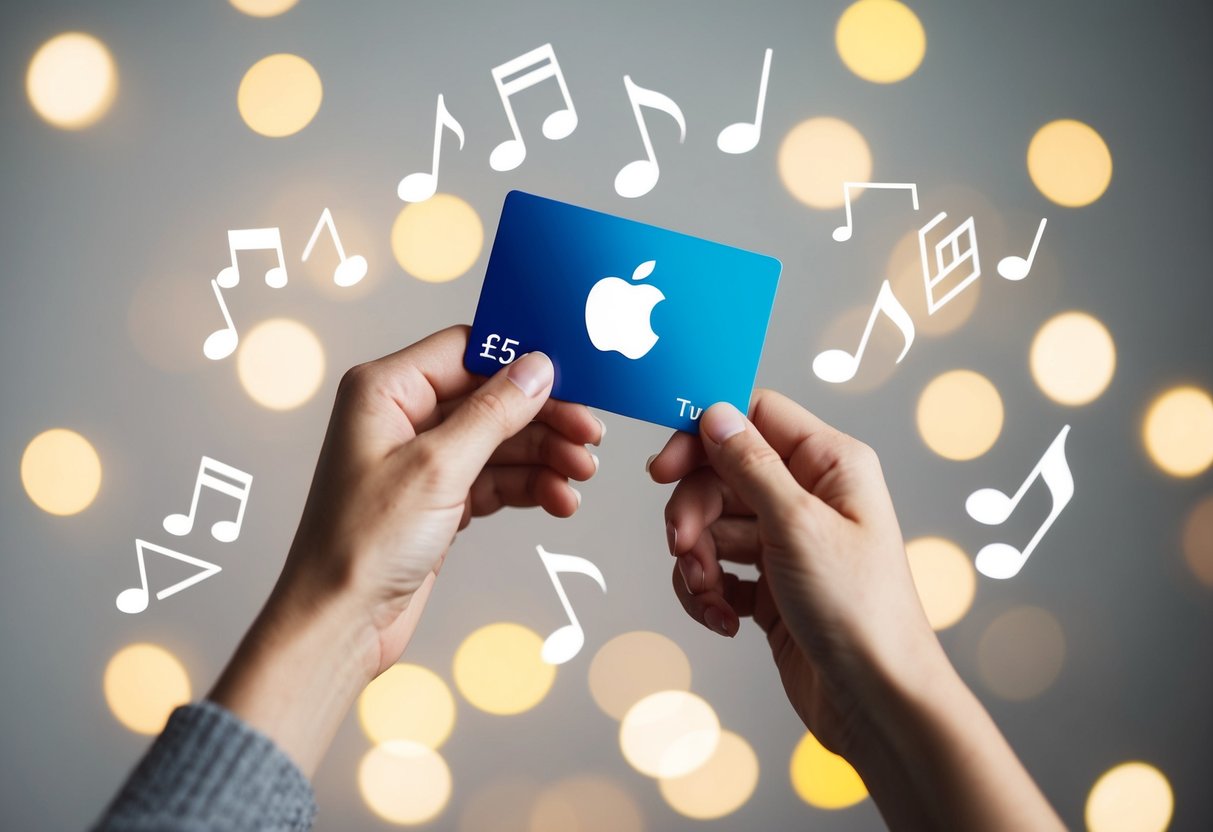 A hand holding an iTunes gift card with a £5 value, surrounded by music notes and symbols