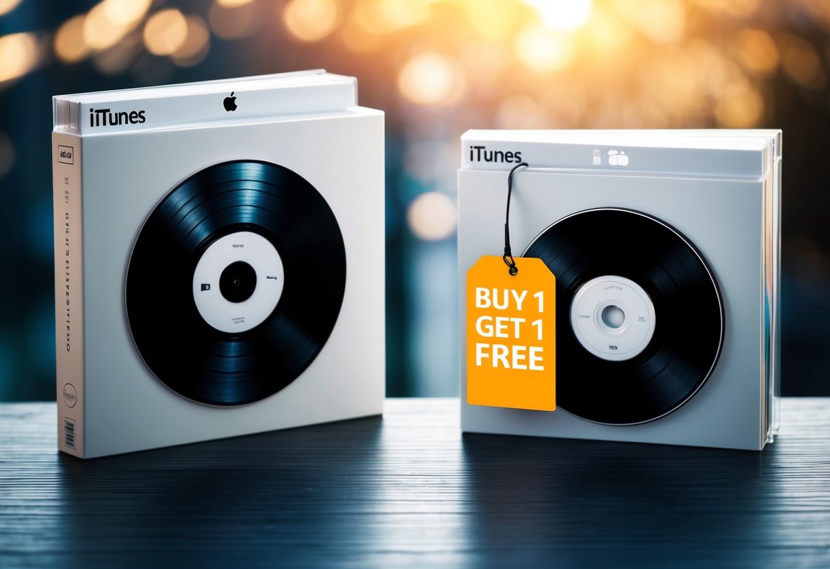 Two music albums displayed, one with a "Buy 1 Get 1 Free" tag, on an iTunes promotion banner
