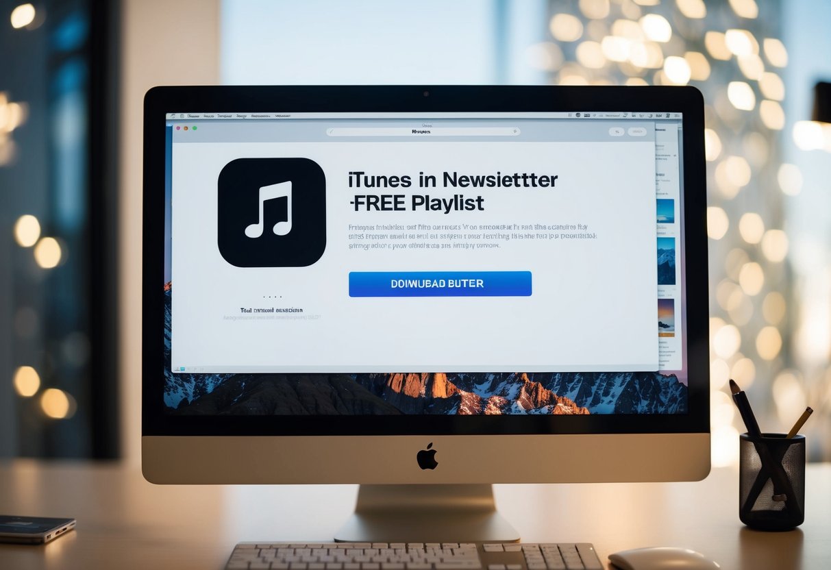 A computer screen displaying the iTunes logo and a newsletter sign-up form, with a download button for a free playlist promotion
