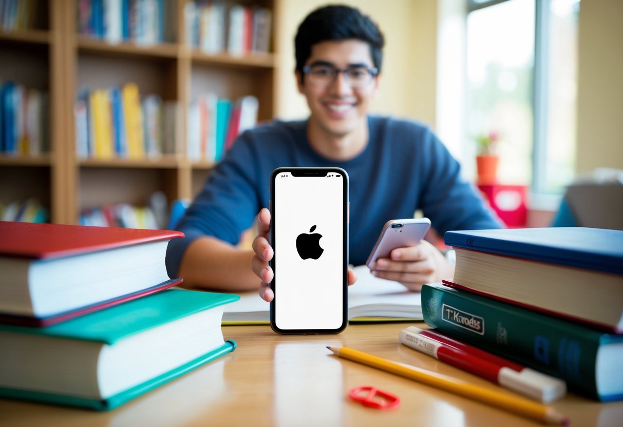 A student holding a phone with the iTunes logo displayed, surrounded by textbooks and school supplies
