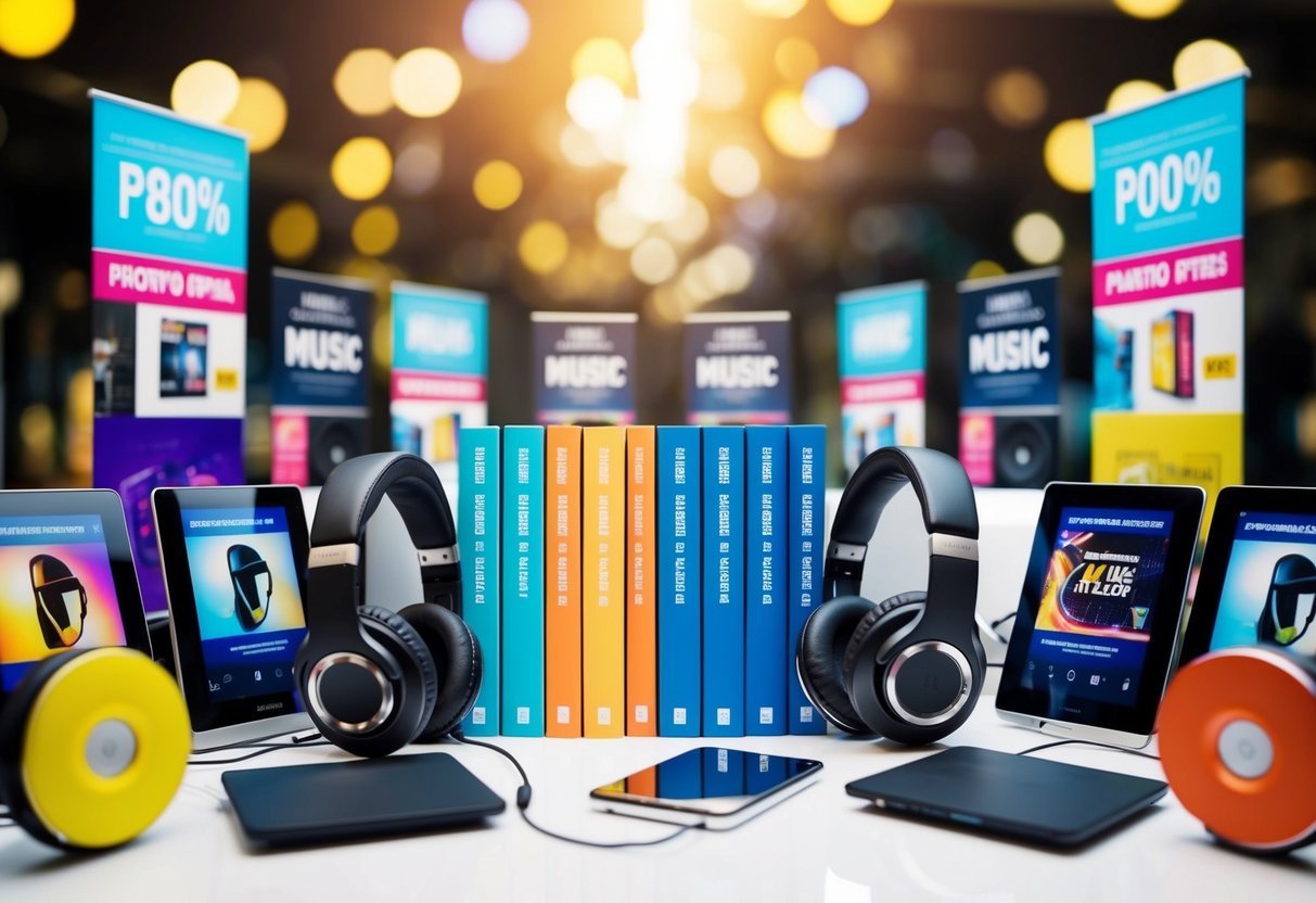 A colorful display of music albums and banners with promotional offers, surrounded by digital devices and headphones