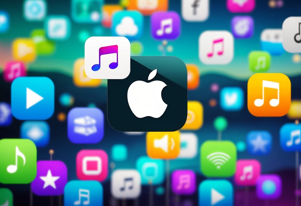 A colorful digital landscape with various music streaming icons and symbols, with a prominent iTunes logo