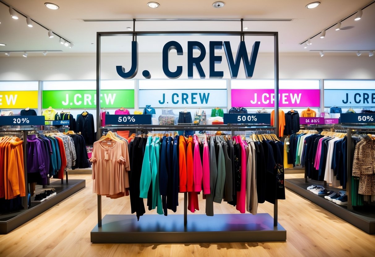 A vibrant display of discounted clothing items and accessories at a J.Crew store, with eye-catching signage and colorful promotional banners