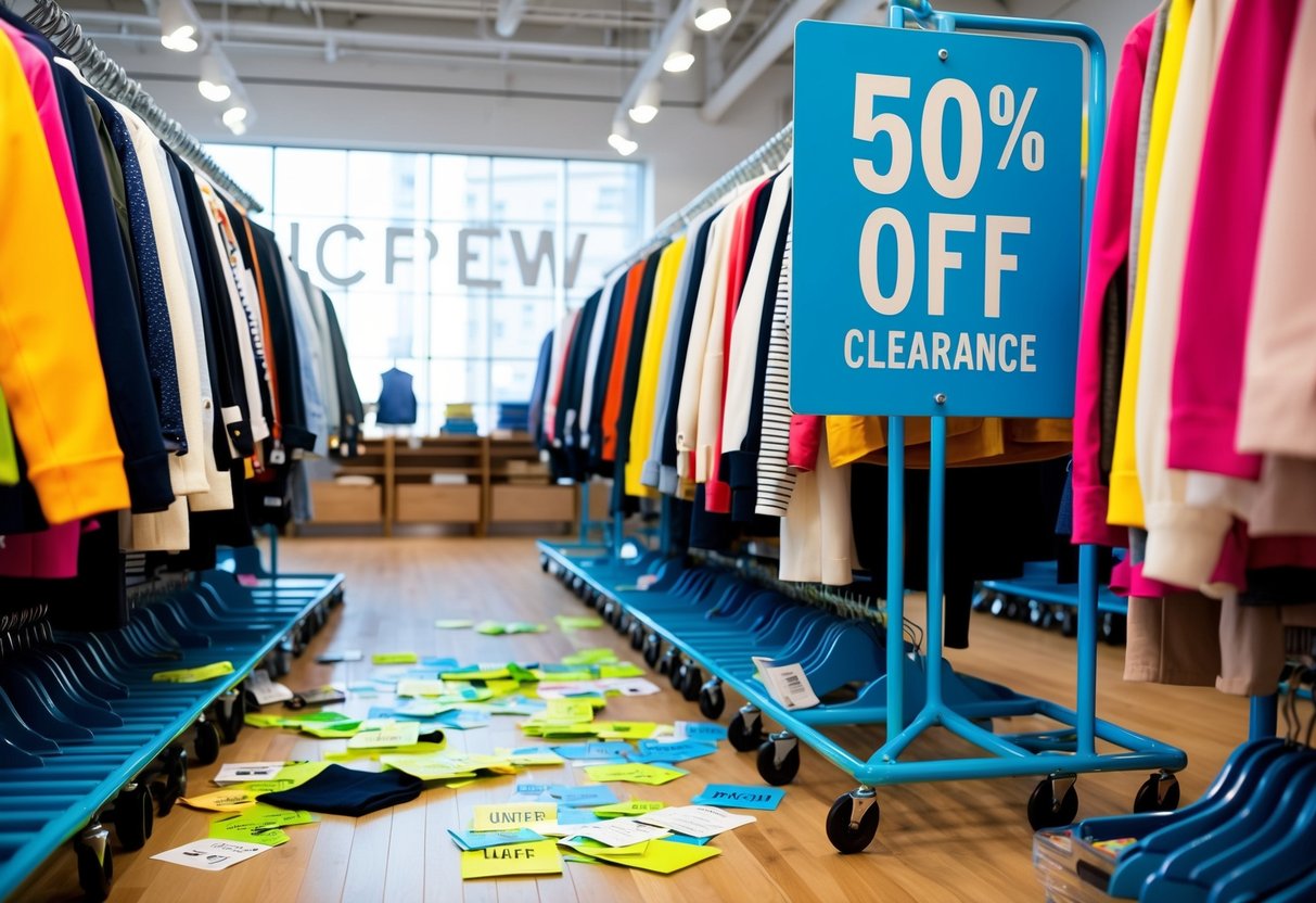 Brightly colored clothing racks with sale tags, scattered items, and a prominent "50% Off Clearance" sign at a jcrew store