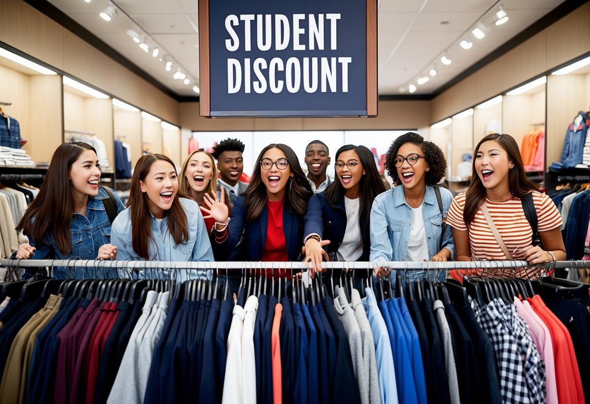 A group of students excitedly browsing through racks of clothing with "Student Discount" signs displayed at a J.Crew store