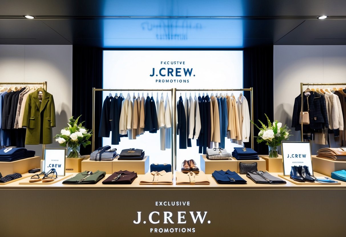 A display of new arrivals and exclusive J.Crew promotions, featuring stylish clothing and accessories arranged in an eye-catching manner