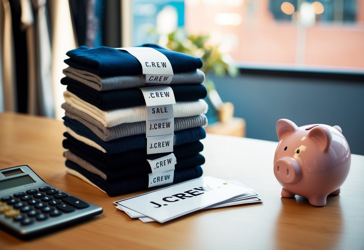 A stack of J.Crew items with sale tags, a calculator, and a piggy bank on a desk