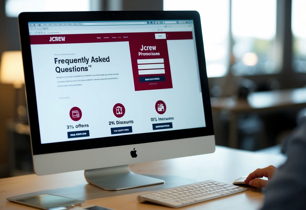 A computer screen displaying a webpage with "Frequently Asked Questions" and jcrew promotions. Icons for discounts and offers are visible