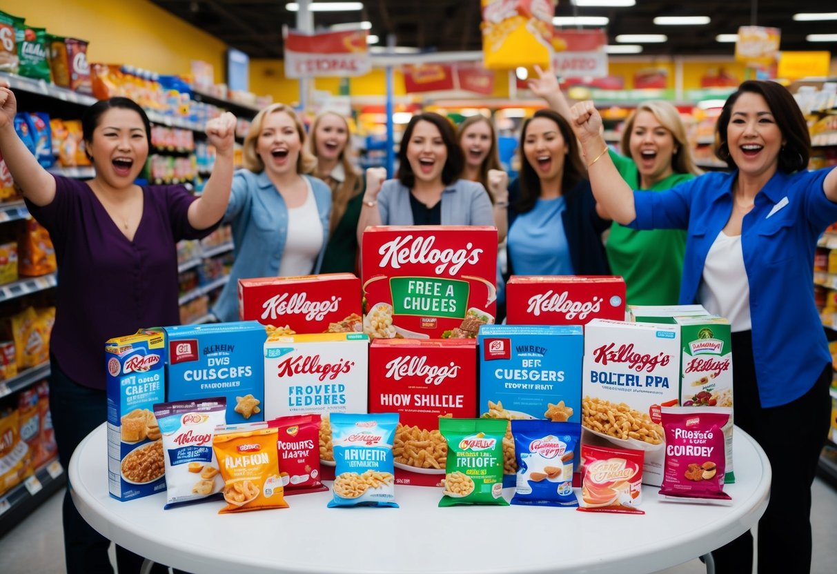 A table filled with Kellogg's products and promotional materials, surrounded by excited customers in a grocery store