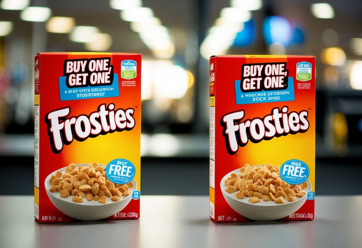 Two Frosties cereal boxes, one upright and one tilted, with a "Buy One, Get One Free" sticker on the front