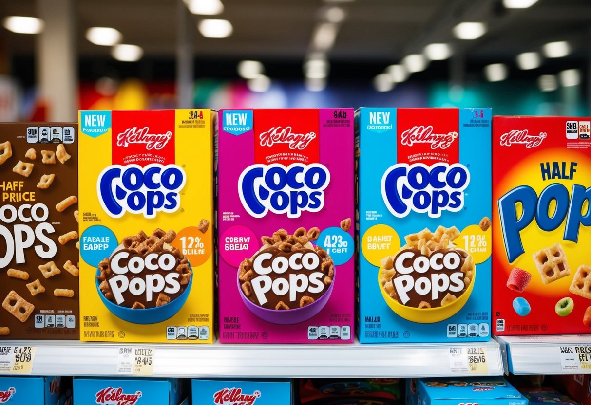 A colorful display of Half-Price Coco Pops boxes with Kellogg promotions