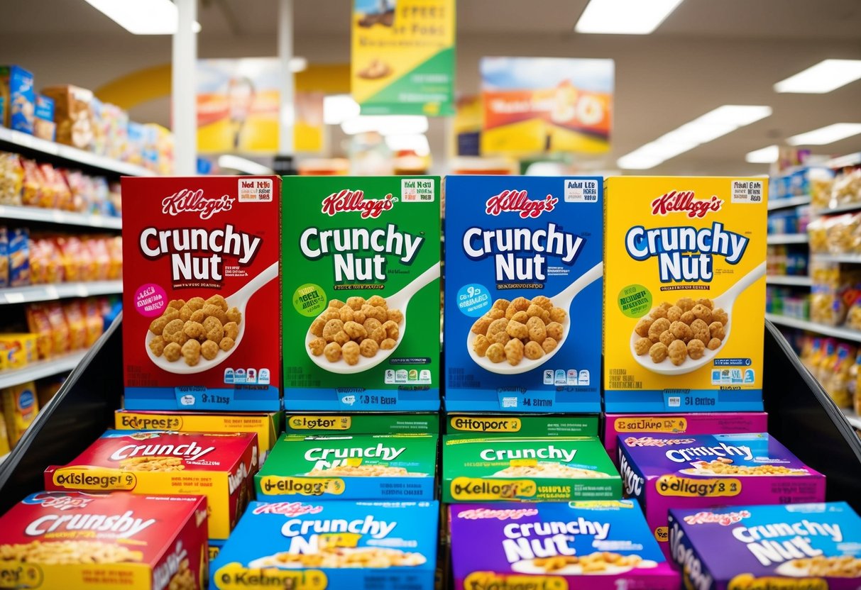 A colorful display of Kellogg's Crunchy Nut cereal boxes with promotional stickers and signs in a grocery store aisle