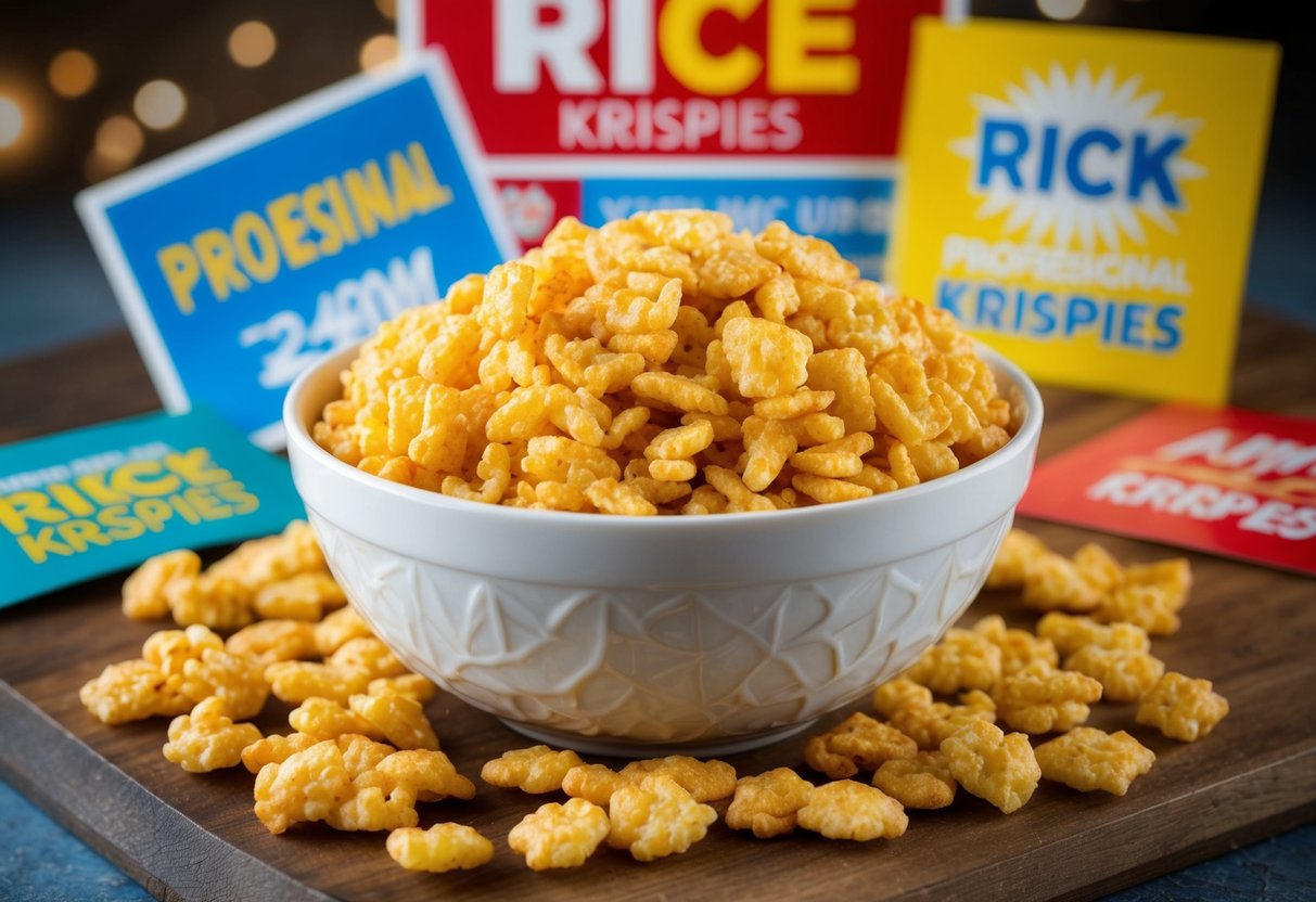 A bowl of Rice Krispies surrounded by promotional signs and banners