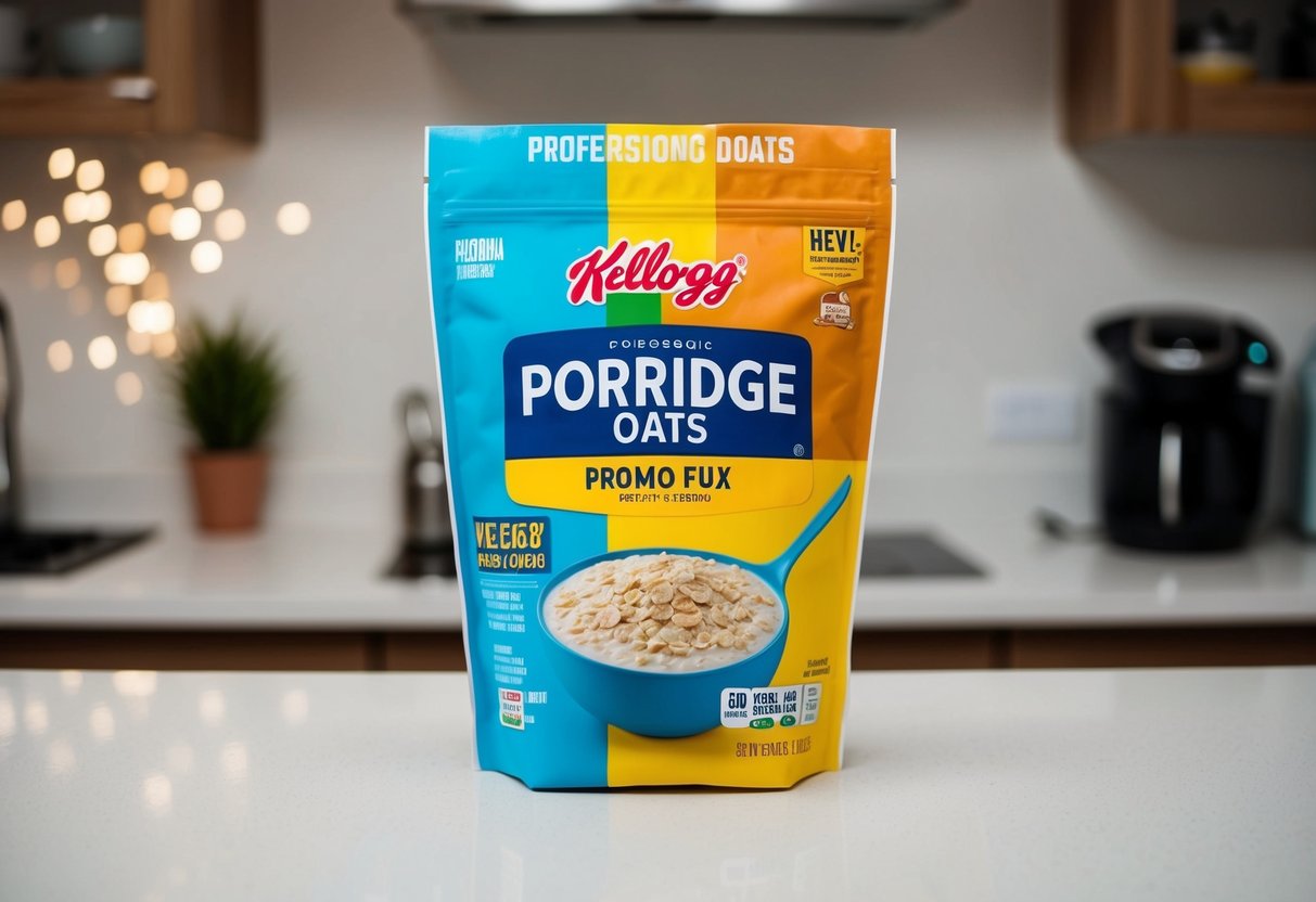 A colorful promo pack of porridge oats with Kellogg branding displayed on a kitchen counter