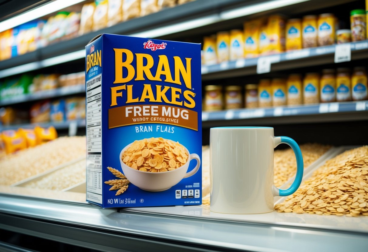 A box of Bran Flakes with a free mug next to it on a grocery store shelf