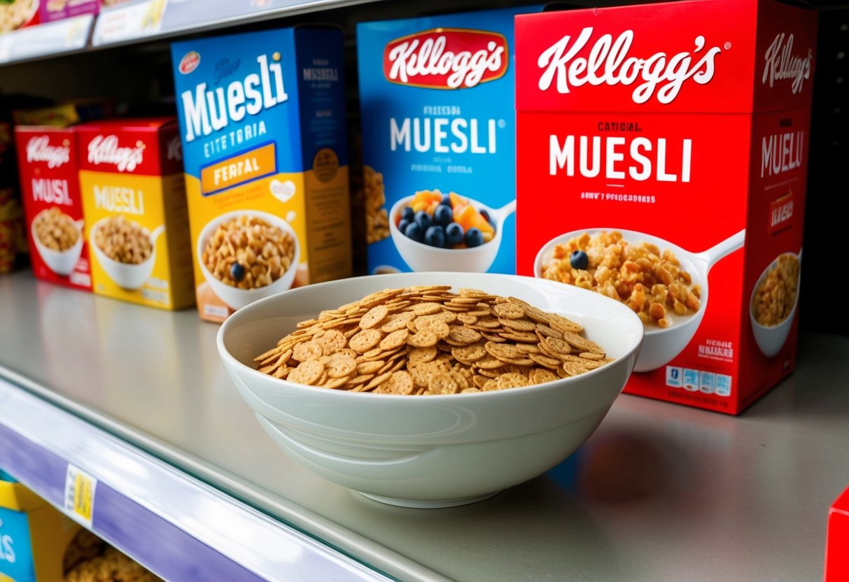 A bowl of Kellogg's Muesli with two boxes on a store shelf
