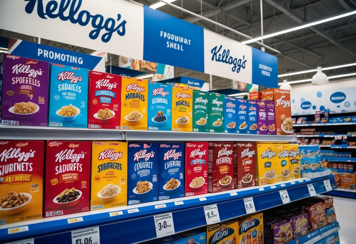 A colorful display of Kellogg's products arranged on a supermarket shelf with promotional signage and banners surrounding the area