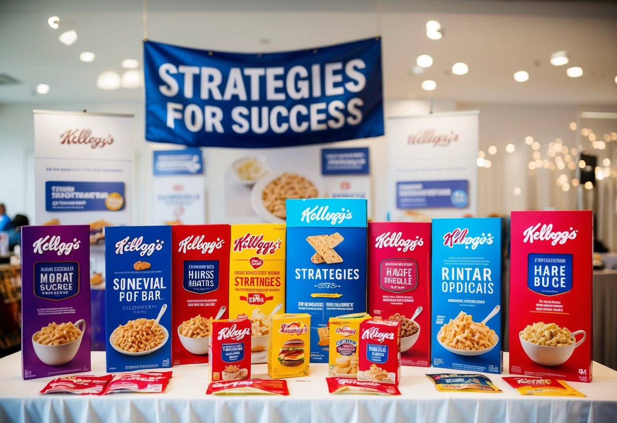 A table displaying various Kellogg's products with promotional materials and signage. A banner with the "Strategies for Success" slogan hangs above the display