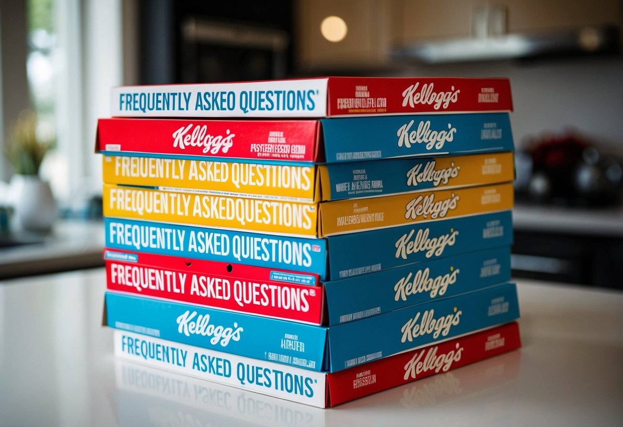 A stack of Kellogg's cereal boxes with a "Frequently Asked Questions" section prominently displayed