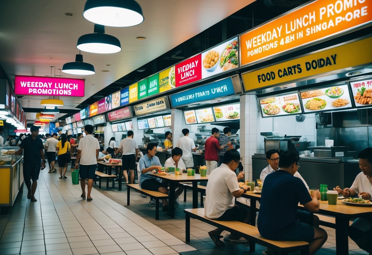 A bustling food court with colorful banners and signs advertising weekday lunch promotions in Singapore. Patrons line up at various stalls while others enjoy their meals at communal tables