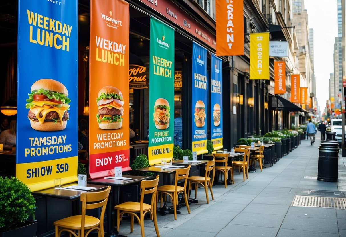 A bustling city street with colorful banners outside of restaurants, showcasing enticing weekday lunch promotions. Tables and chairs are set up outside, inviting passersby to enjoy the special deals