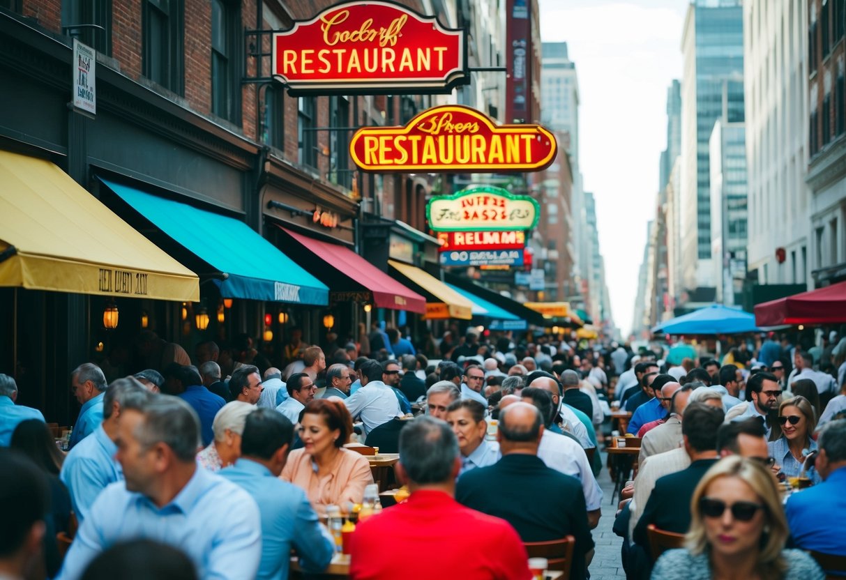 A bustling city street with colorful restaurant signs and crowded lunchtime crowds
