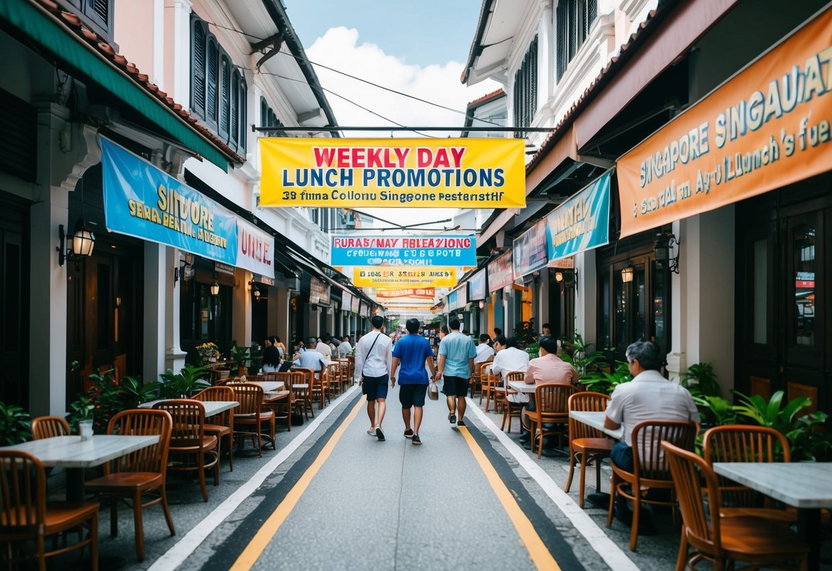A bustling Singapore street lined with restaurants, featuring colorful banners advertising weekday lunch promotions