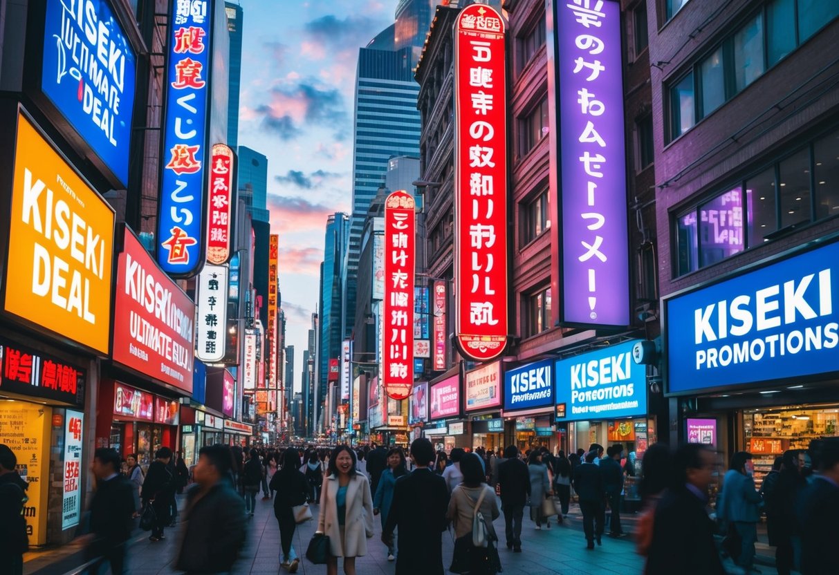 A vibrant, bustling city street filled with neon signs and colorful advertisements for "Kiseki Ultimate Deal" and "Kiseki Promotions."