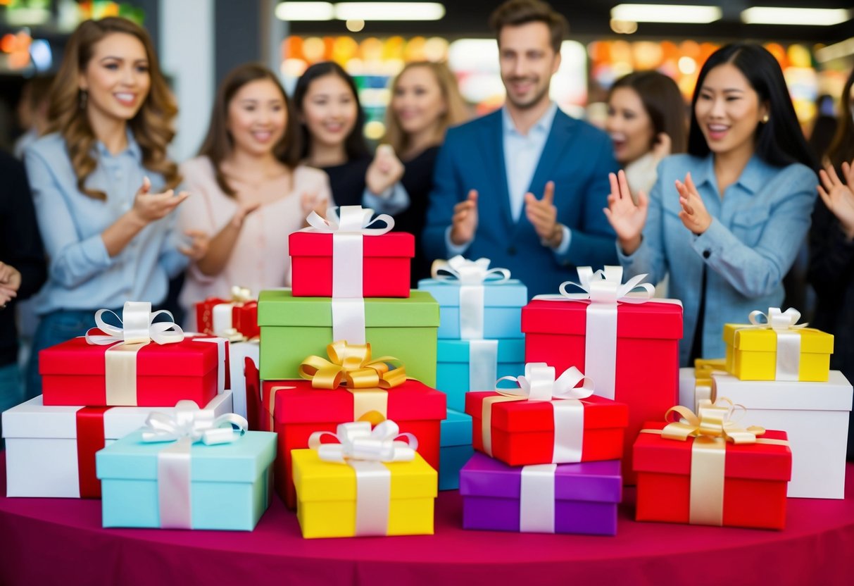 A colorful display of gift boxes and ribbons, surrounded by excited customers