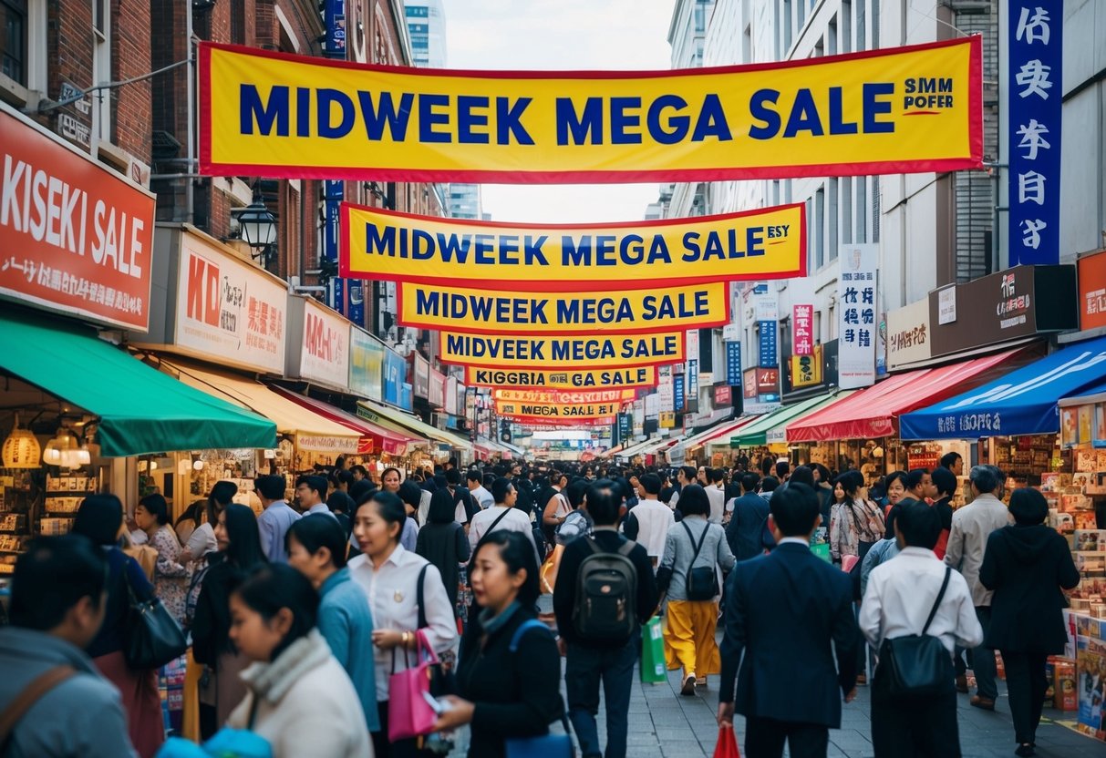 A bustling city street with colorful banners and signs promoting the Midweek Mega Sale kiseki promotions, with crowds of people browsing the various shops and stalls