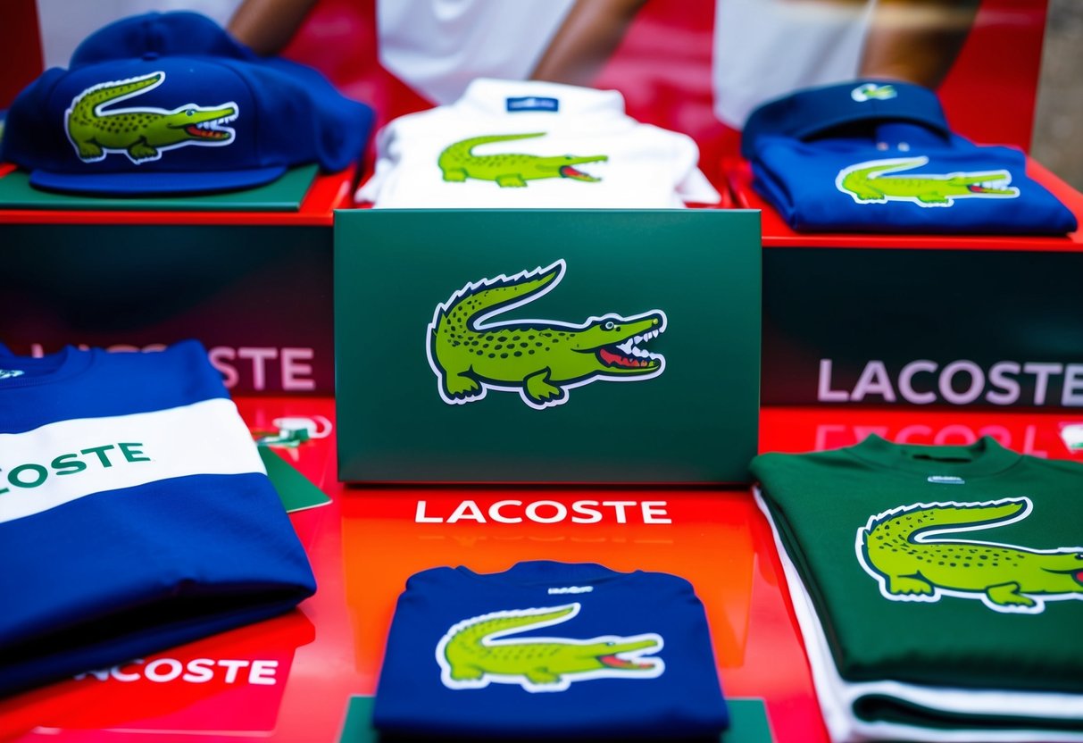 A vibrant display of Lacoste merchandise, with the iconic crocodile logo prominently featured, surrounded by bold and eye-catching promotional materials