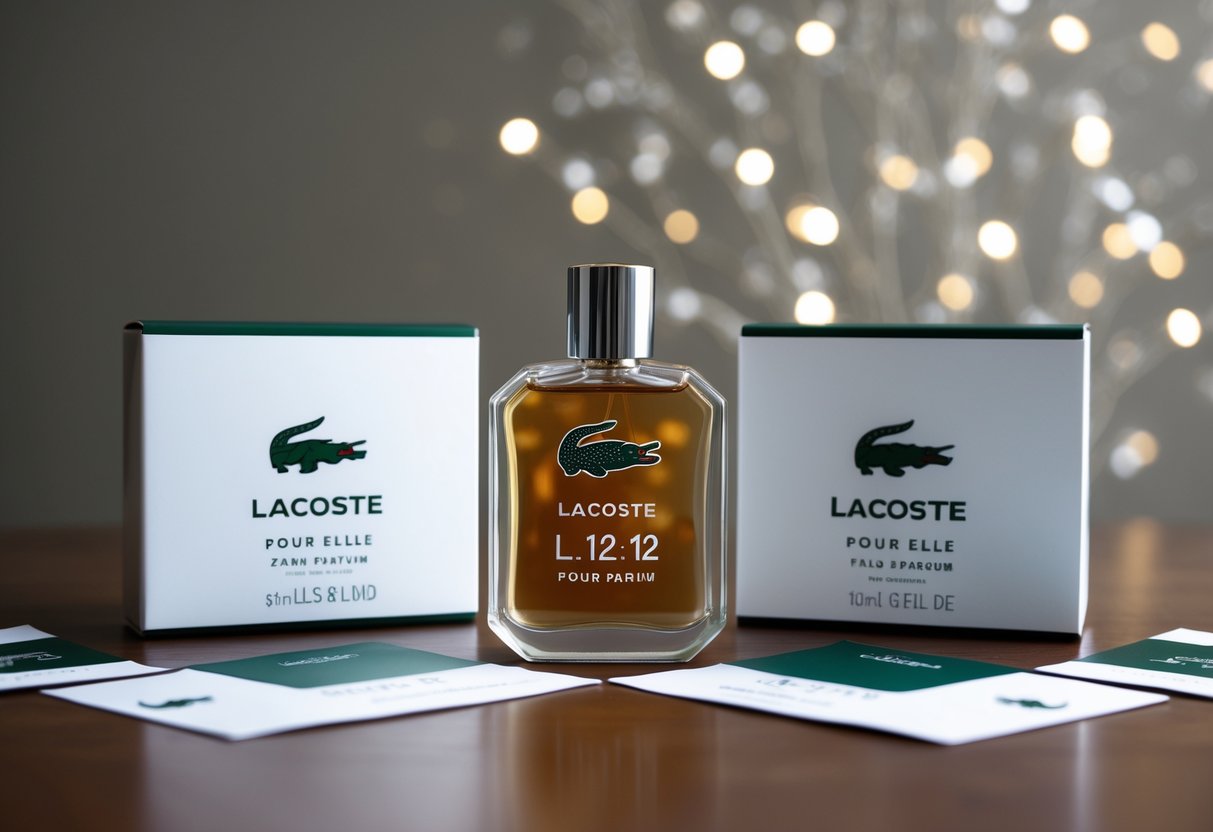 A bottle of Lacoste L.12.12 Pour Elle Eau de Parfum surrounded by promotional materials and a subtle, elegant backdrop
