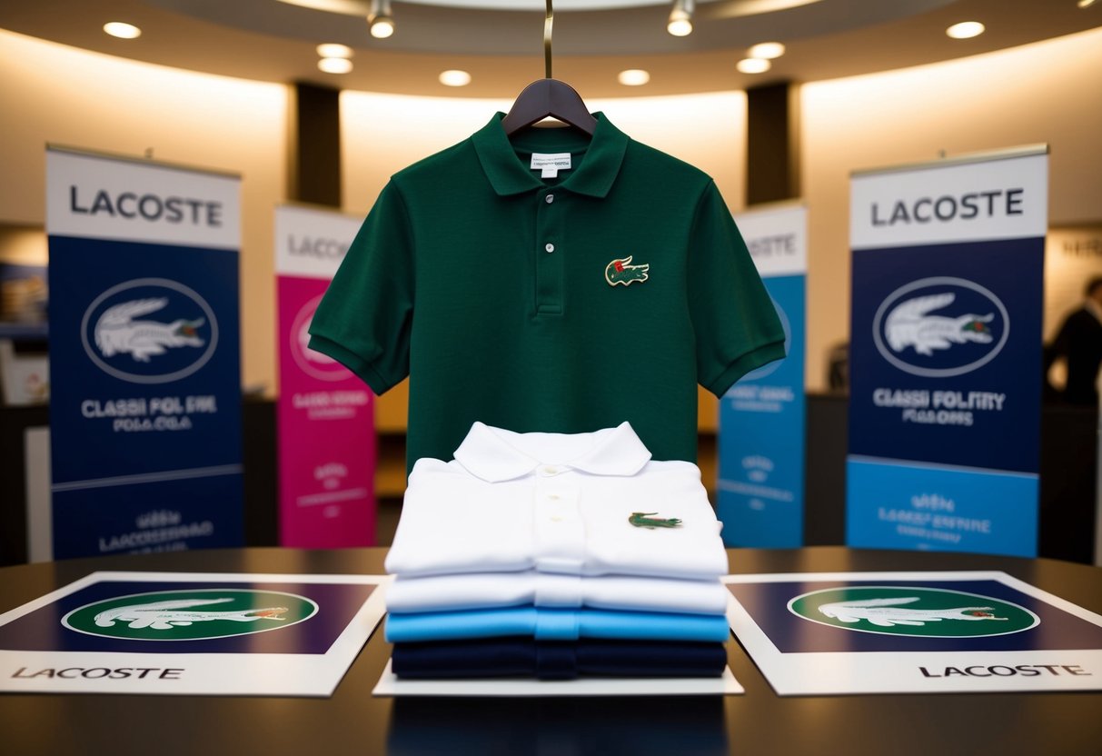 A neatly folded Lacoste Classic Polo Shirt surrounded by promotional signs and banners