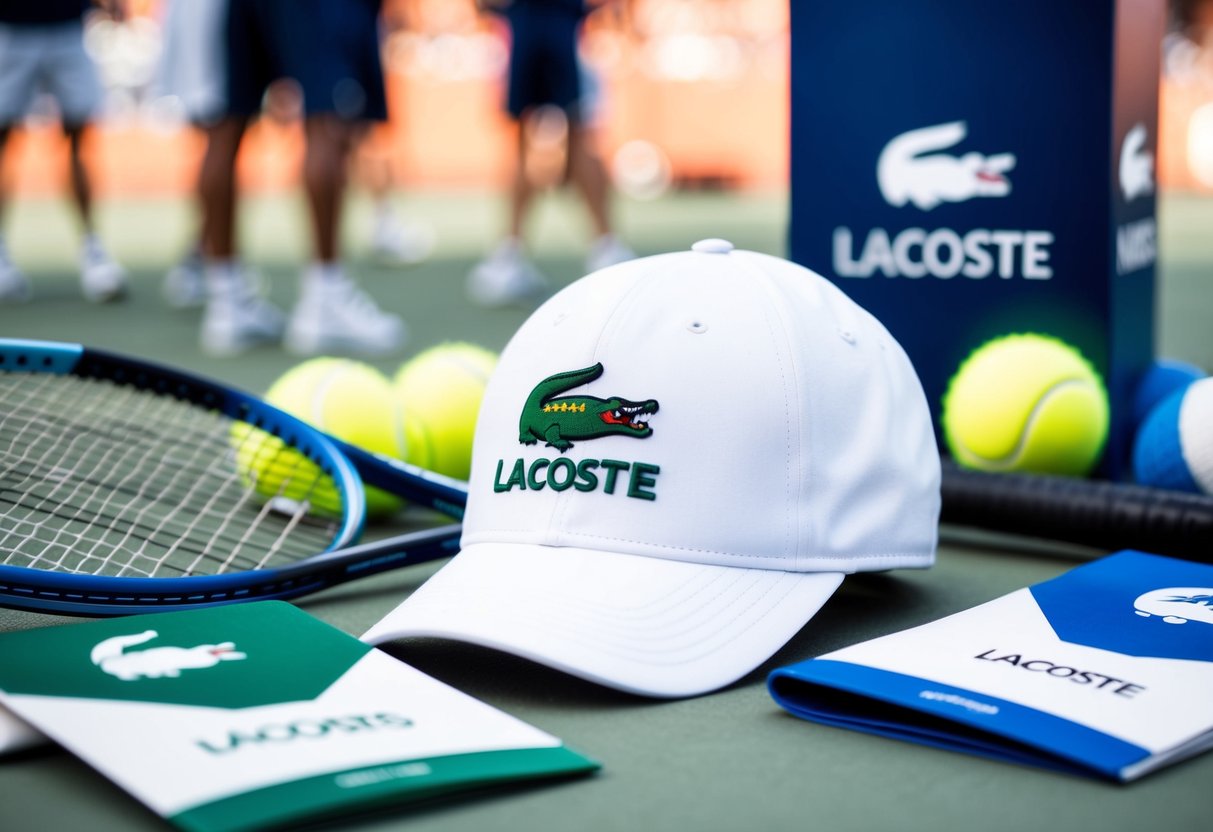 A tennis cap with the Lacoste logo displayed prominently, surrounded by tennis equipment and promotional materials
