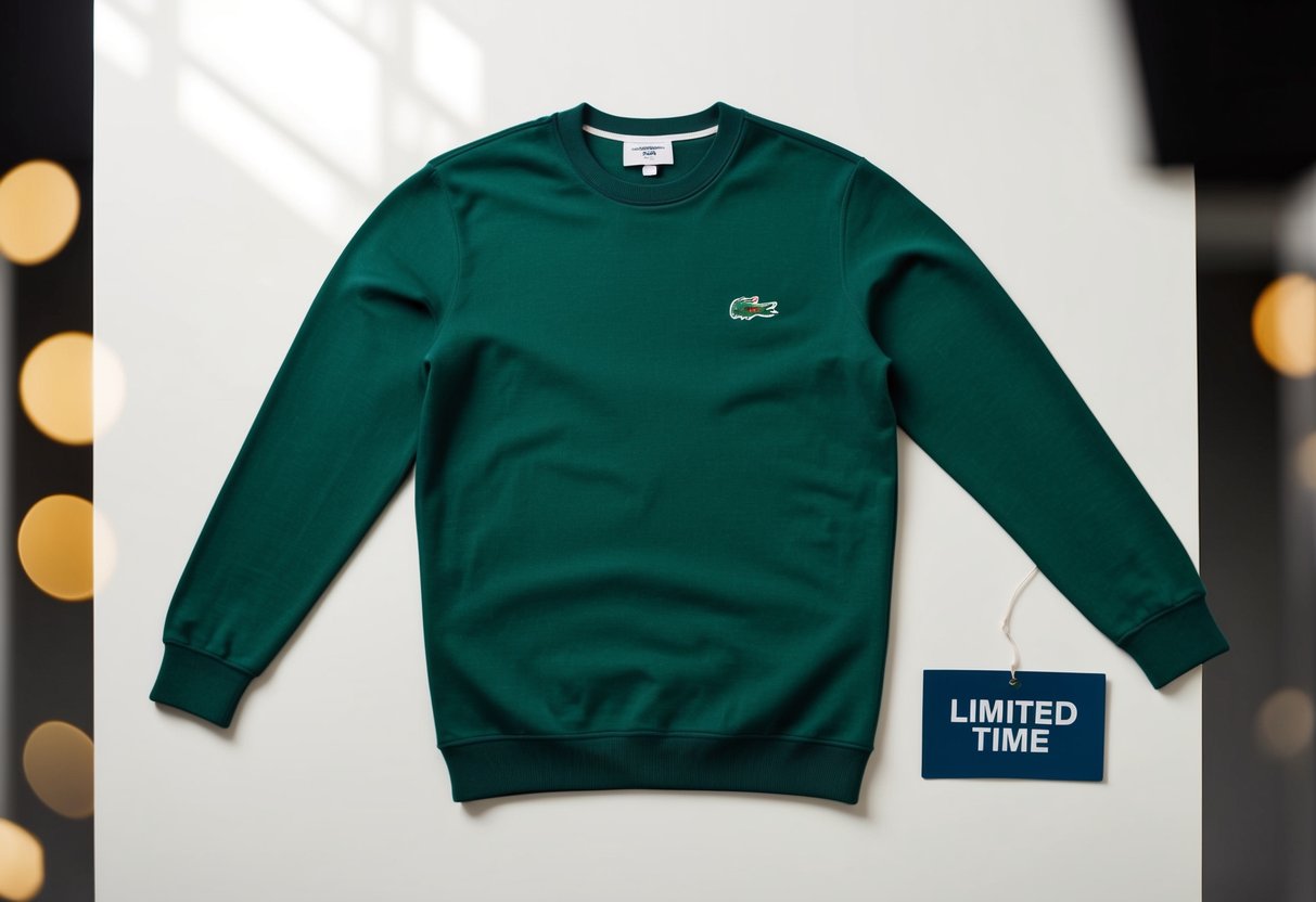 A Lacoste crew neck jumper displayed on a clean, white background with a limited time offer tag next to it