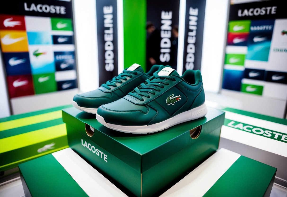 A display of Lacoste Sideline trainers surrounded by promotional signage and branding materials